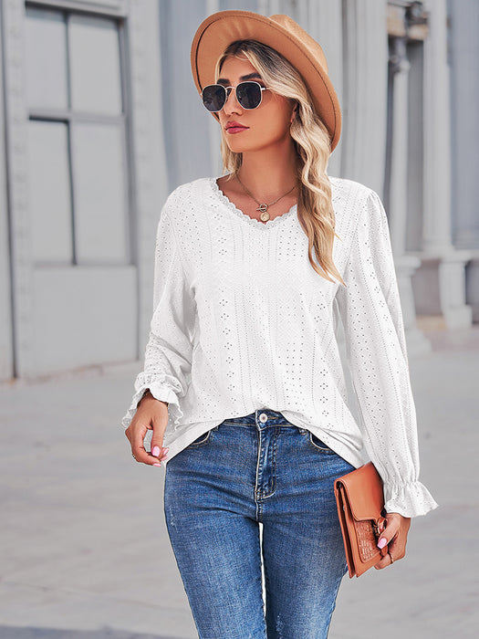 Eyelet V-Neck Flounce Sleeve Blouse