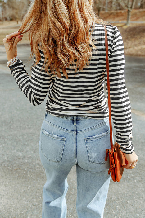 Striped Mock Neck Long Sleeve Top