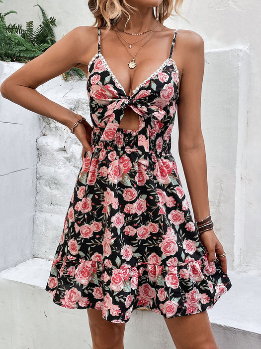 Perfee Tied Rose Print Spaghetti Strap Dress