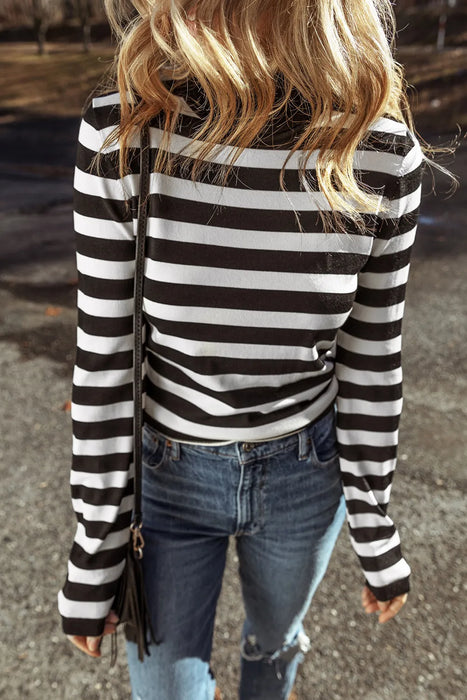 Striped Turtleneck Long Sleeve Knit Top