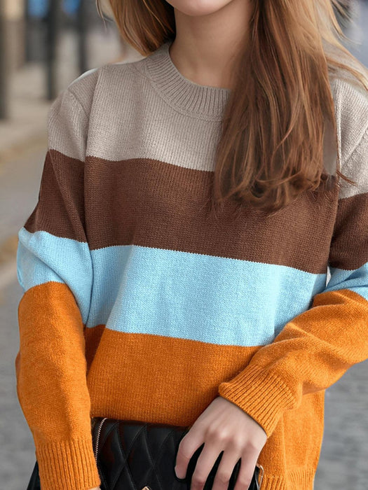 Color Block Round Neck Long Sleeve Sweater