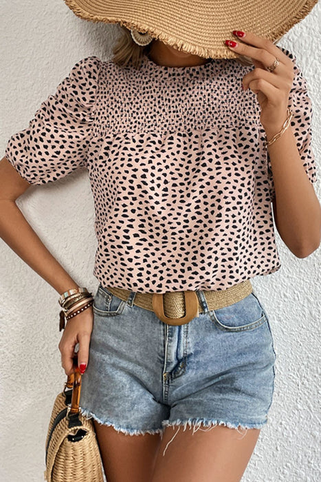 Perfee Printed Smocked Puff Sleeve Blouse