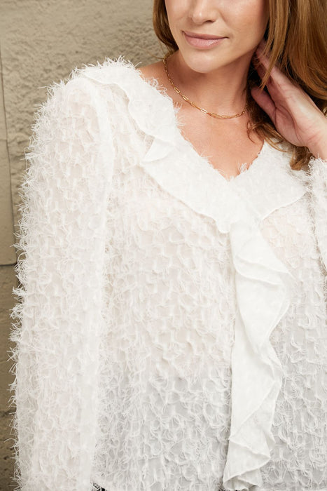 Ivy Lane Ruffle Hem Fringe V-Neck Balloon Sleeve Blouse