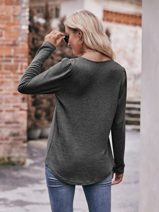 Mandy Pleated Detail Curved Hem Long Sleeve Top