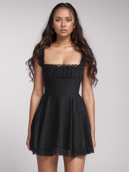 Lace Detail Square Neck Cap Sleeve Mini Dress