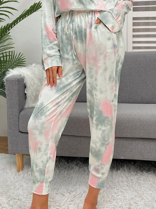 Shiny Tie-Dye Round Neck Top and Drawstring Pants Lounge Set