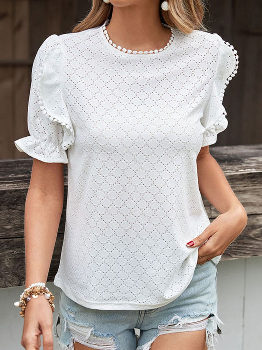 Perfee Pom Pom Detail Openwork Flounce Sleeve Blouse