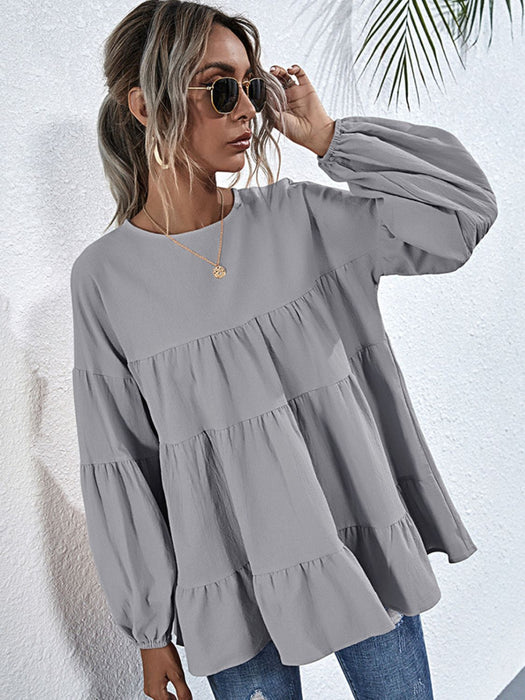 Shiny Round Neck Dropped Shoulder Tiered Blouse