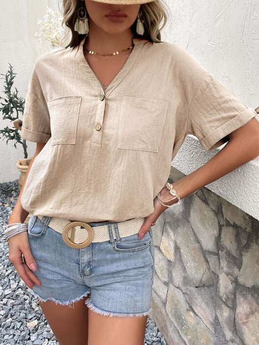 Perfee Buttoned Notched Neck Cuffed Sleeve Blouse