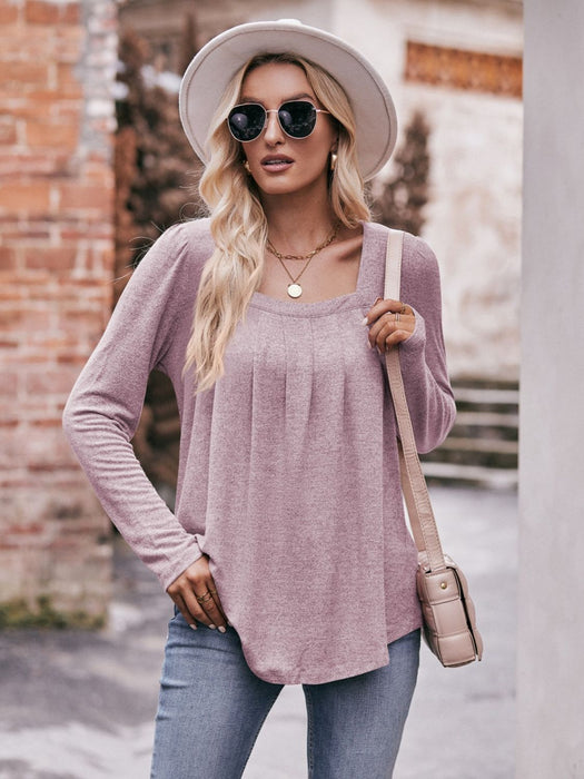 Mandy Pleated Detail Curved Hem Long Sleeve Top