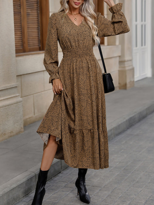 V-Neck Flounce Sleeve Ruffle Hem Dress