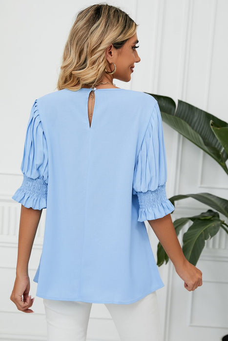 Pleated Flounce Sleeve Keyhole Blouse