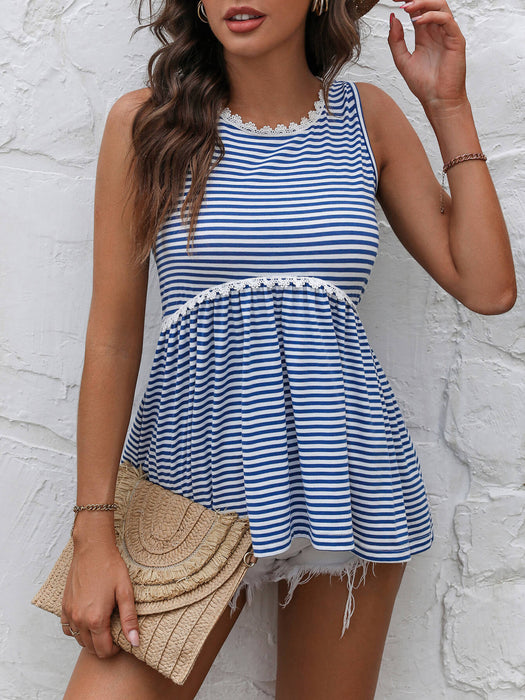 Ivy Lane Striped Lace Trim Round Neck Tank