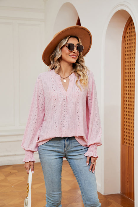 Notched Neck Flounce Sleeve Blouse