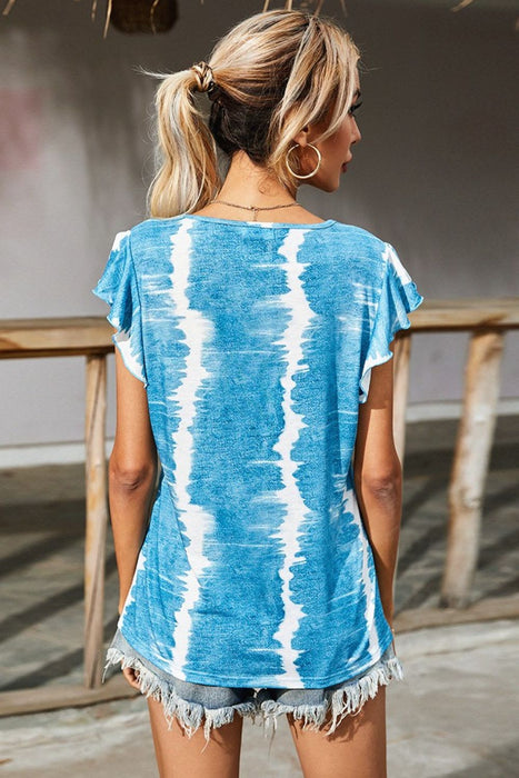 Shiny Tie-Dye Buttoned Flutter Sleeve Blouse