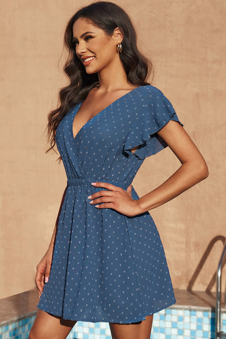 Tie Back Surplice Neck Flutter Sleeve Dress