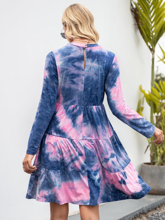 Ivy Lane Tie-Dye Round Neck Long Sleeve Tiered Dress