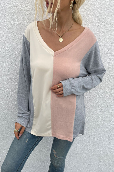 Shiny Color Block V-Neck Long Sleeve Blouse