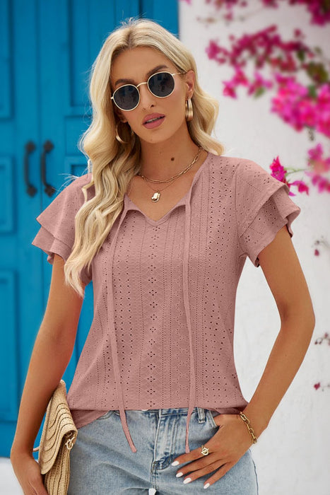 Mandy Eyelet Tie-Neck Flutter Sleeve Blouse