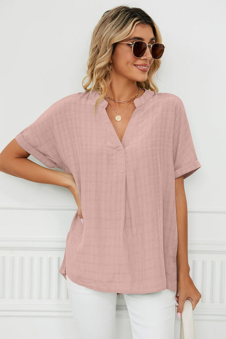 Side Slit Notched Neck Cuffed Short Sleeve Blouse