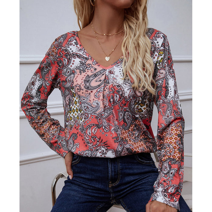 Shiny Printed V-Neck Long Sleeve Blouse