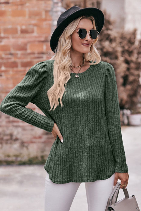 Mandy Round Neck Puff Sleeve Ribbed Top