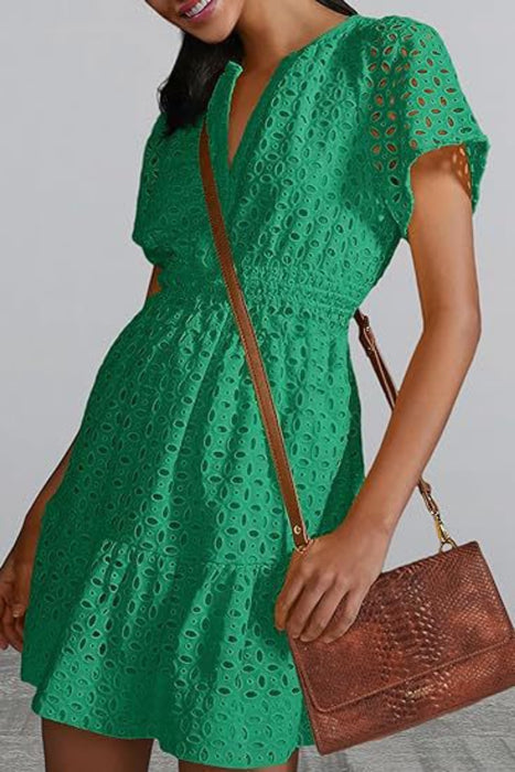 Eyelet Notched Short Sleeve Mini Dress