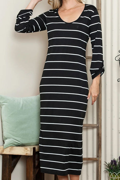 Slit Striped Scoop Neck Long Sleeve Midi Tee Dress