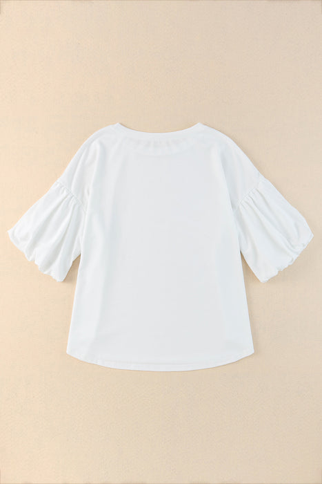 Puff Sleeve Curved Hem Blouse