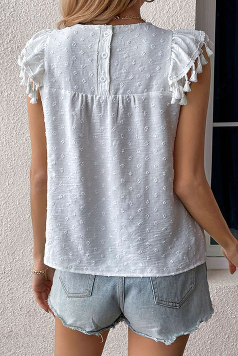 Perfee Swiss Dot Tassel Detail Round Neck Blouse