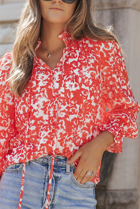 Printed Tie Neck Flounce Sleeve Blouse