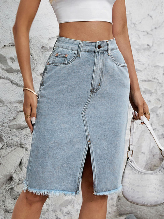 Raw Hem Slit Denim Skirt