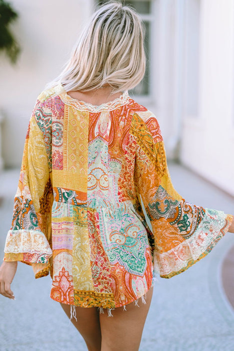 Printed Lace Trim Buttoned Blouse