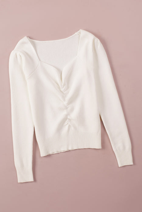 Ruched Sweetheart Neck Long Sleeve Sweater