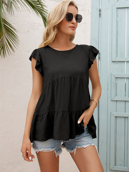 Ivy Lane Round Neck Flutter Sleeve Tiered Blouse