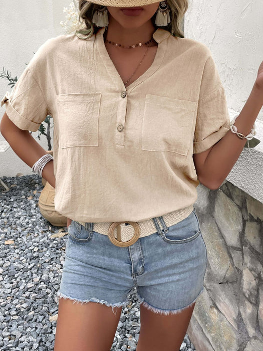 Perfee Buttoned Notched Neck Cuffed Sleeve Blouse