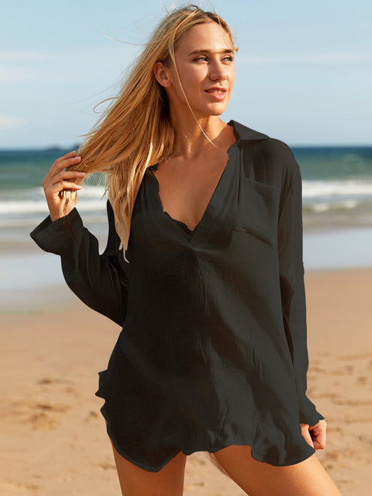 Pocketed Johnny Collar Long Sleeve Cover Up