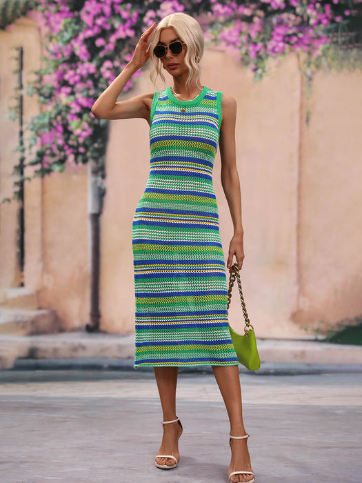 Striped Round Neck Sleeveless Midi Cover Up Dress