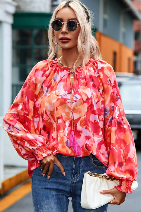 Floral Tassel Tie Long Sleeve Blouse