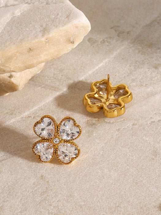 Stainless Steel Zircon Lucky Clover Earrings