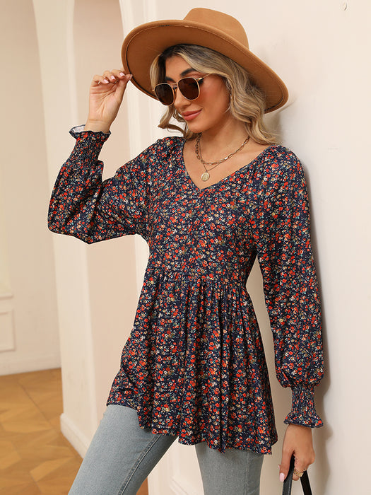 Printed V-Neck Lantern Sleeve Blouse