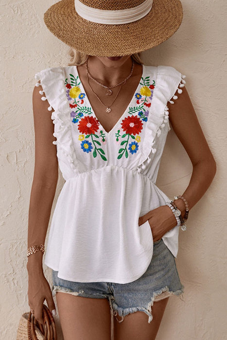 Perfee Embroidered Pom-Pom Trim Cap Sleeve Babydoll Top