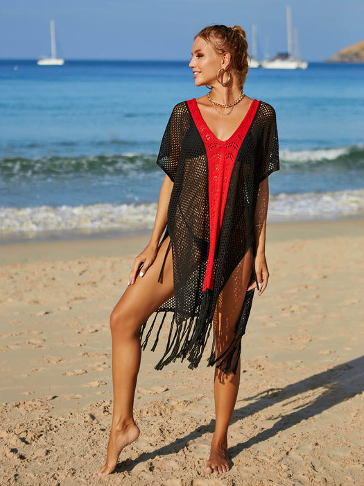 Angel Wings Contrast Fringe Trim Openwork Cover-Up Dress