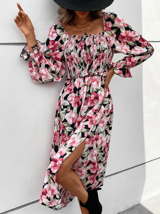 Perfee Slit Smocked Floral Flounce Sleeve Dress