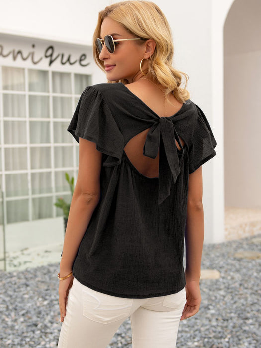 Ivy Lane Round Neck Cutout Tie Back Top