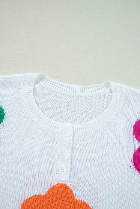 Flower Round Neck Quarter Button Knit Top