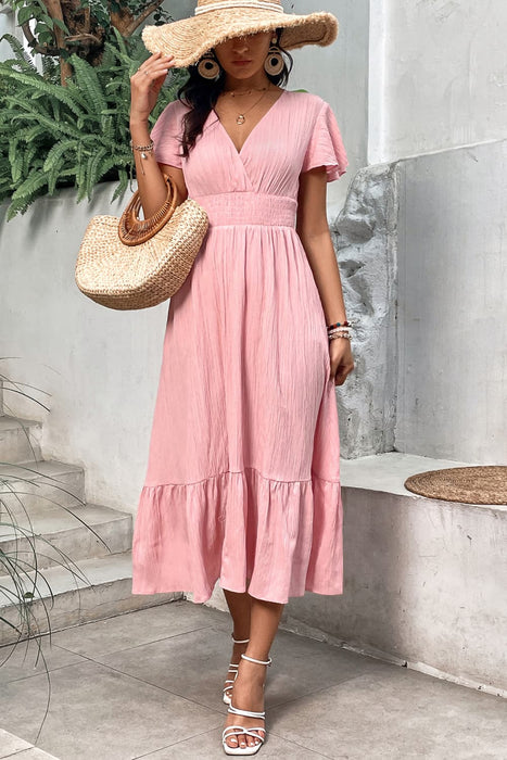 Honey Surplice Neck Smocked Waist Flutter Sleeve Dress