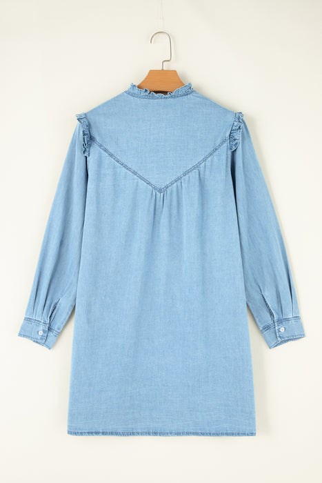 Button Up Notched Long Sleeve Denim Dress