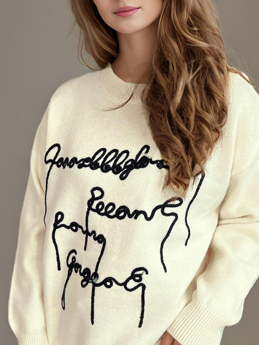 Letter Contrast Round Neck Dropped Shoulder Sweater