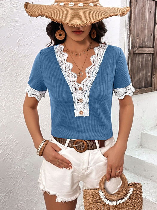 Ivy Lane Decorative Button Spliced Lace Short Sleeve Top